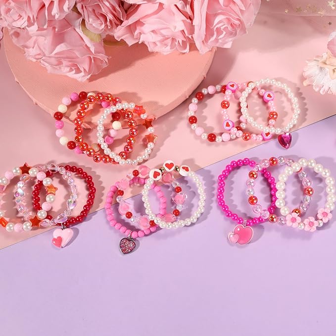 PinkSheep Class Valentine Bracelets Bulk: 36Pcs Valentine's Day Gift for Little Girls, Heart Valentines Day Bracelets Bulk for Kid, Valentines Day Jewelry Girl