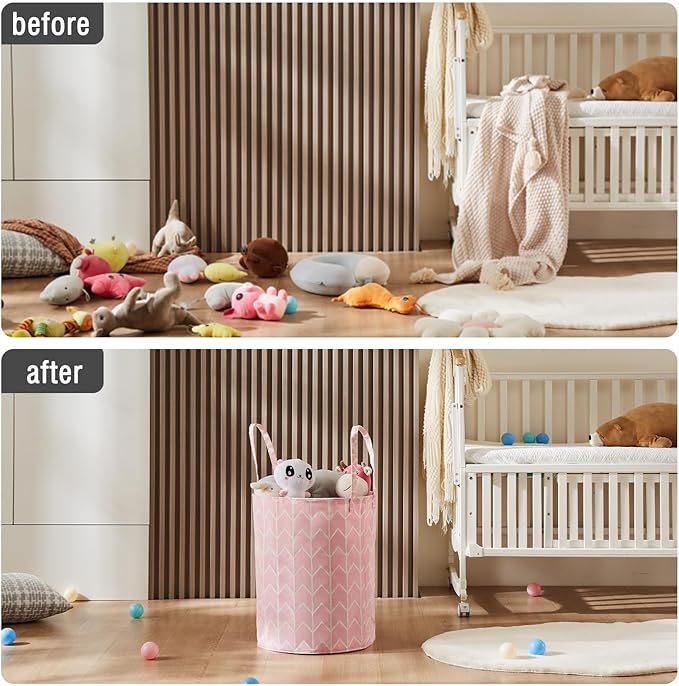Large Storage Basket for Girls and Boys, Collapsible Laundry Hamper with Long Handles, Toy Bins for Nursery, Kids Room Décor Pink Geometry