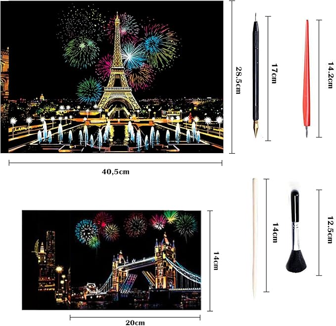 Georgie Porgy Scratch Paper Art A3 Set DIY Arts and Crafts Kits for Kids Adults, Magic Rainbow Scratch Postcard for Christmas Birthday Gift with Scratching Tools Kit (Paris + Louvre)