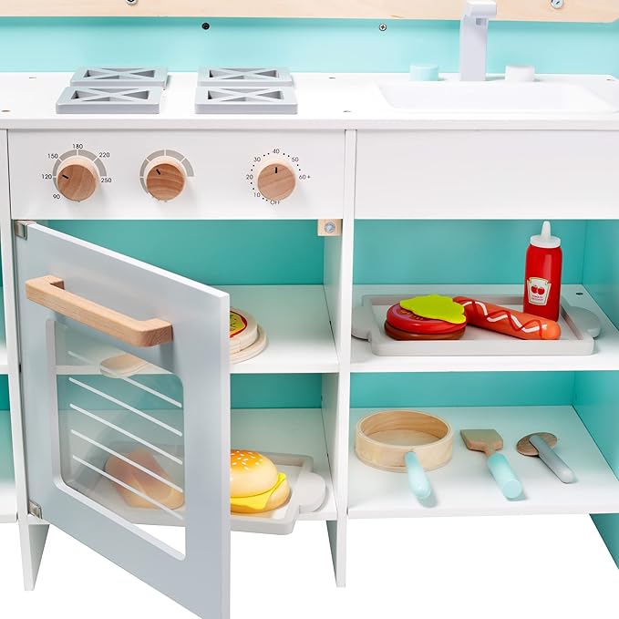 Food Truck Wooden Playset- 20 Fun Toy Pieces Including Cook Top, Steering Wheel, Sticker Sheet for Kids Name - Includes Food Tray, Pizza Slices & More, Dual Sided Play Stand for Indoor Fun Activity