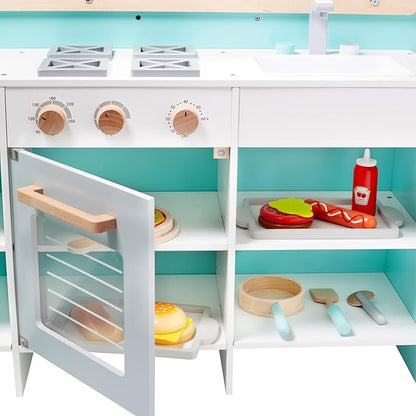 Food Truck Wooden Playset- 20 Fun Toy Pieces Including Cook Top, Steering Wheel, Sticker Sheet for Kids Name - Includes Food Tray, Pizza Slices & More, Dual Sided Play Stand for Indoor Fun Activity