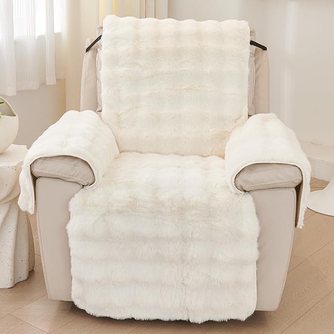 vctops Faux Fur Fluffy Recliner Chair Slipcover Faux Rabbit Fur Non Slip Sofa Cover Super Soft Plush Thick Couch Cover Furniture Protector with Elastic Straps for Kids, Dogs, Pets(Cream,24")