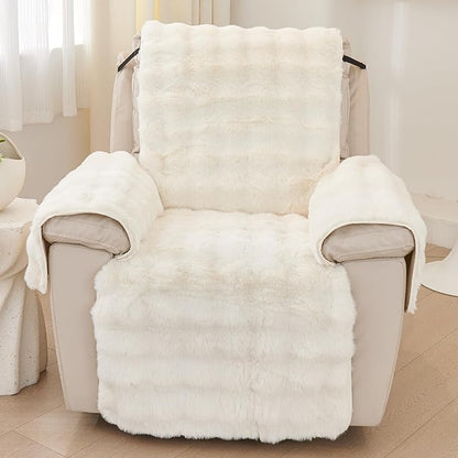vctops Faux Fur Fluffy Recliner Chair Slipcover Faux Rabbit Fur Non Slip Sofa Cover Super Soft Plush Thick Couch Cover Furniture Protector with Elastic Straps for Kids, Dogs, Pets(Cream,24")