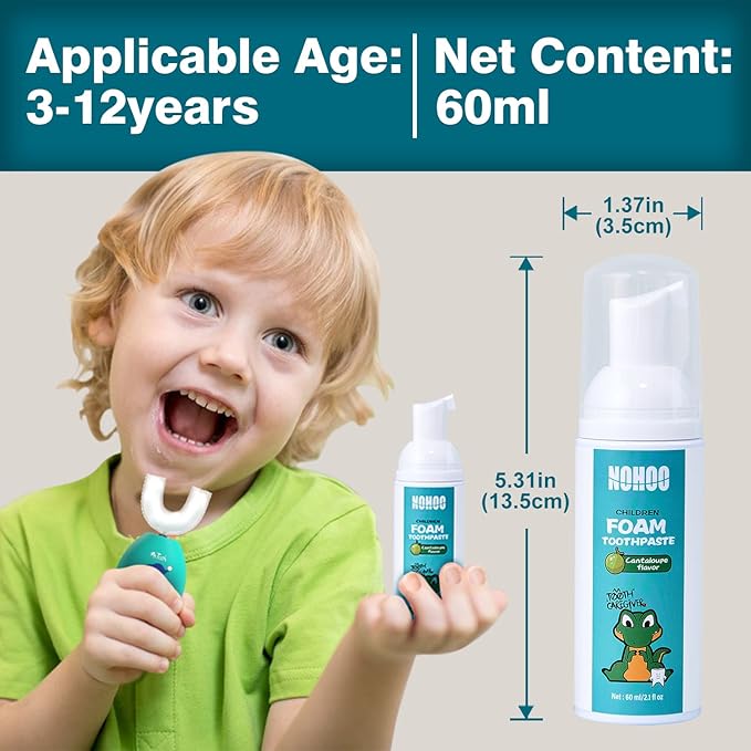 NOHOO Kids Foam Toothpaste with Fruit Flavor,Fluoride Free Natural Formul, Foam Toothpaste for Electric Toothbrush,Suitable for Toddler's Oral Cleaning and Cavity Prevention (2PCS Cantaloupe)