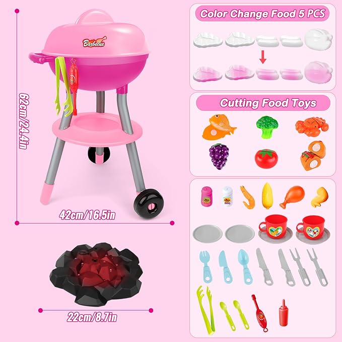 deAO Kids BBQ Grill Playset,36 Pcs Kitchen Toy with Realistic Smoke,Light,6Pcs Change Color Pretend Foods,Cutting Foods Toys,Interactive BBQ Toy Set for Kids