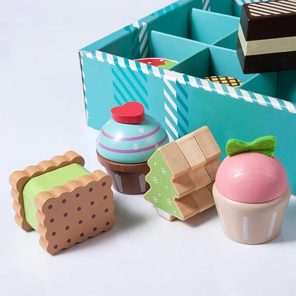 13pcs Wooden Dessert Set Toddler Pretend Play Toy Food, Sweets Playset with Muffin, Cupcake, Chocolate Cake & Roll, Kids Food Toys Play Kitchen Accessories Boys and Girls Birthday Gift