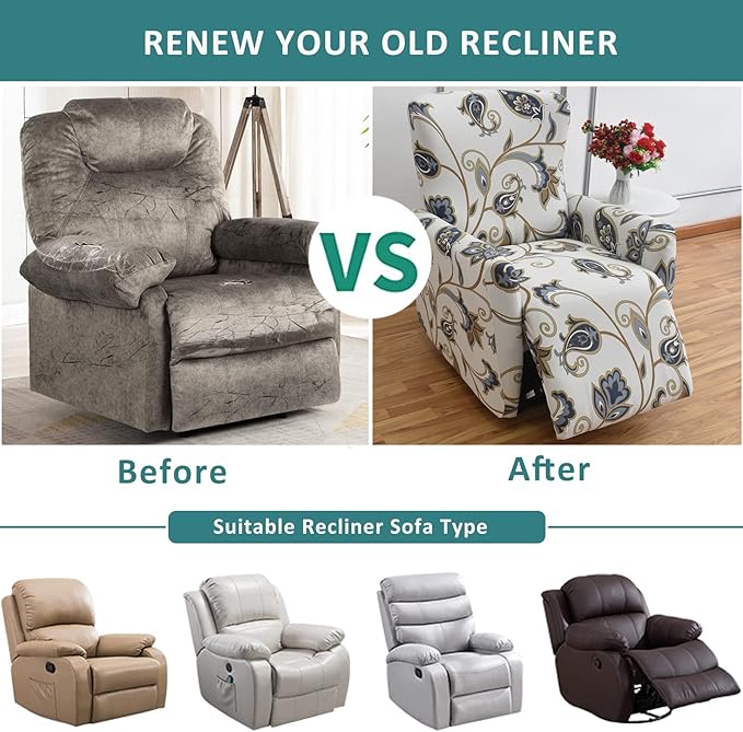 NILUOH Stretch Recliner Cover 4 Pieces Electric Power Lift Recliner Chair Cover Reclining Couch Cover Anti-Slip Fitted Furniture Protector with Side Pocket