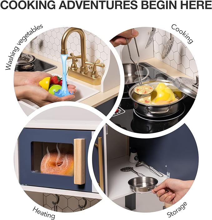 ROBUD Play Kitchen, Wooden Kids Kitchen Playset with Sounds & Lights, Pretend Play Kitchen Set for Toddlers, Gift for Boys & Girls, Vintage Style, 3+ (Gem Blue)