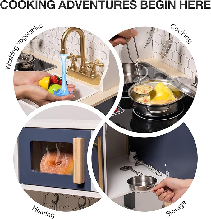 ROBUD Play Kitchen, Wooden Kids Kitchen Playset with Sounds & Lights, Pretend Play Kitchen Set for Toddlers, Gift for Boys & Girls, Vintage Style, 3+ (Gem Blue)