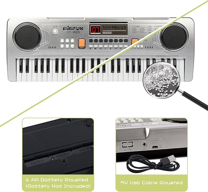 Raimy Piano Keyboard for Beginners, 61 Keys Portable Electronic Digital Piano with Microphone, Learning Educational Music Keyboard Piano for Kids Gifts Toys for Boys Girls Toddlers (Silver)