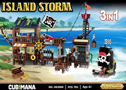 3 Style Pirate Ship Wharf Building Toy with LED Light - 781PCS Medieval Pirate's House Building Block Set, Architecture Bricks Kit for Kids Girls Boys Ages 6-12+ Birthday Gifts