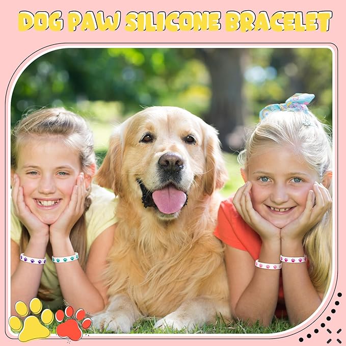 Funtery 100 Pcs Paw Print Rubber Bracelet Silicone Stretch Wristbands Dog Paw Silicone Bracelet Rubber Wristbands Dog Party Favors Birthday Party Supplies Decorations(Bright Color)