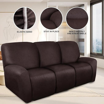 Recliner Couch Cover Leather Look Recliner Sofa Covers for 3 Cushion Reclining Sofa Slipcovers 8-Pieces Furniture Protector Spandex Fabric Washable (3 Seater, 01 Chocolate)