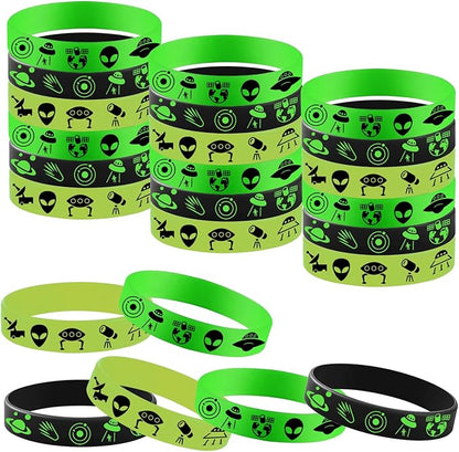 48PCS Green Alien Party Rubber Bracelets, Outer UFO Space Alien Themed Birthday Party Decorations Supplies Decor Gifts Goodie Bag Favors Green Alien Silicone Wristbands