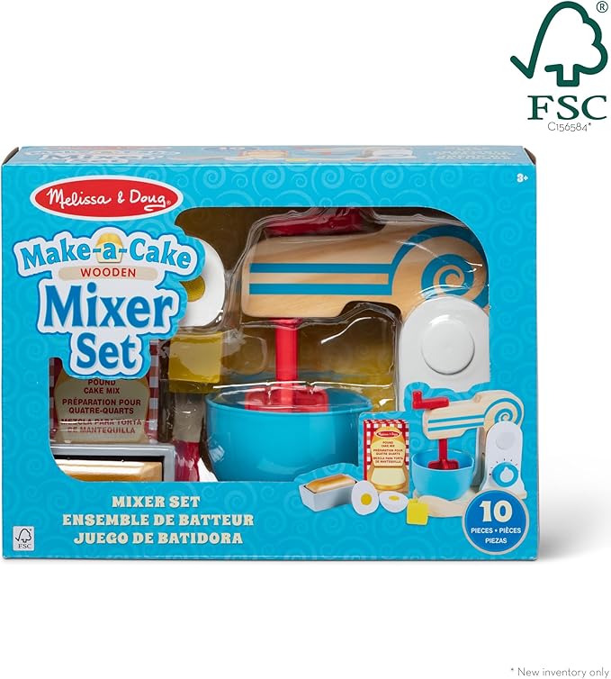 Melissa & Doug Wooden Make-a-Cake Mixer Set (11 pcs) - Play Food and Kitchen Accessories - FSC Certified