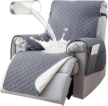 100% Waterproof Nonslip Recliner Covers for Large Recliner, Reclining Chair Covers with 5 Pockets, Elastic Straps, Washable Recliner Protector for Kids, Pets, Dogs, Light Gray