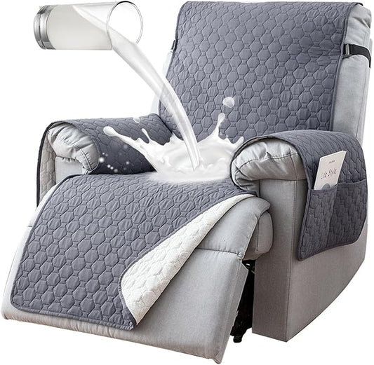 100% Waterproof Recliner Covers for Recliner Chair, Non-Slip Recliner Chair Cover with 5 Pockets, Elastic Straps, Washable Reclining Chair Protector for Kids, Pets, Dogs, Light Gray