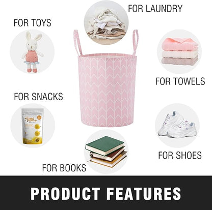 Large Storage Basket for Girls and Boys, Collapsible Laundry Hamper with Long Handles, Toy Bins for Nursery, Kids Room Décor Pink Geometry