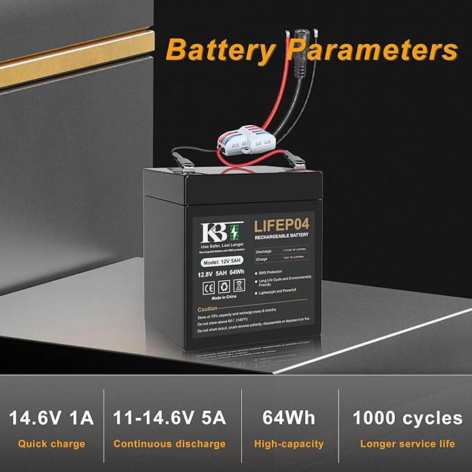 KBT 12V 5Ah Rechargeable Lithium LiFePO4 Battery Pack, Bare Leads Wire Replacement Battery with Charger Compatible with 12V Devices DIY Bluetooth Speaker Boombox Radio