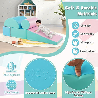 HONEY JOY 5-Piece Climb and Crawl Playset, Soft Climbing Foam Block Activity Play Structure Gym Equipment for Infant Baby, Color Coordination, Waterproof Indoor Climbing Toys for Toddlers (Green)