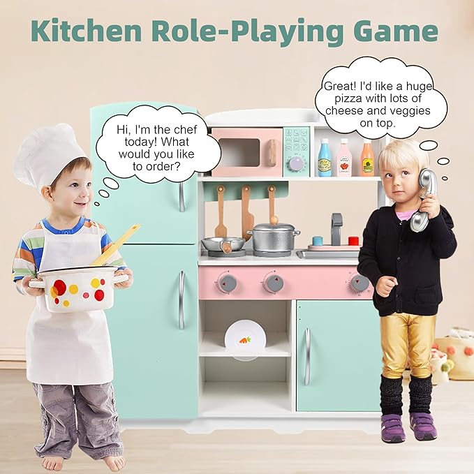 Wooden Play Kitchen Toy Kitchen Set with Stove,Oven,Sink,Fridge and 11 Pcs Kitchen Playset Accessories, Play Kitchen Sets for Kids,Toddler Kitchen Playset,Montessori Toys for Kids 4-8 Year Boys&Girl