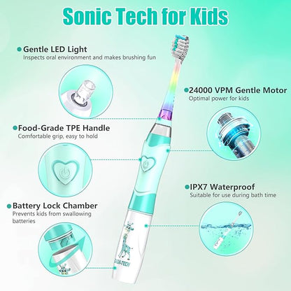 Kids Electric Toothbrush Toddler Toothbrush Age 2-4-8-12 Electric Toothbrush Kids with Timer Rainbow LED Light Up Vibrating Toothbrush Battery Operated Childrens Sonic Tooth Brush (Green Giraffe)
