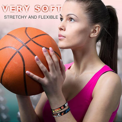 Zhanmai 48 Pieces Basketball Bracelets Silicone Motivational Wristbands, Silicone Inspirational Bracelets Basketball Party Favors for Men Women Sports Birthday Sports Themed Class of 2025 Gifts Party