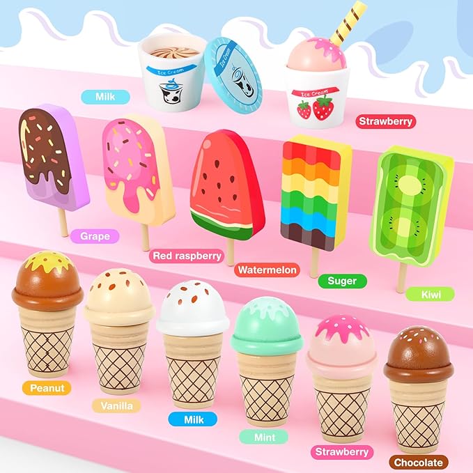Ice Cream Toy, Wooden Ice Cream Toys for Kids Toddlers, Pretend Play Kitchen Food Toys, Ice Cream Counter Shop Playset for Kids, Kids Ice Cream Cart, Toys for 3 4 5 6 7 8 Year Old Girls Boys