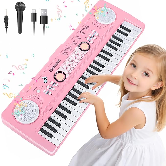 49 Key Pink Piano Keyboard Toy for 3 Year Old Girl Birthday Gift Kids Keyboards Pianos with Microphone Musical Toys for 3 4 5 6 7 Year Old Boys Girls Gifts