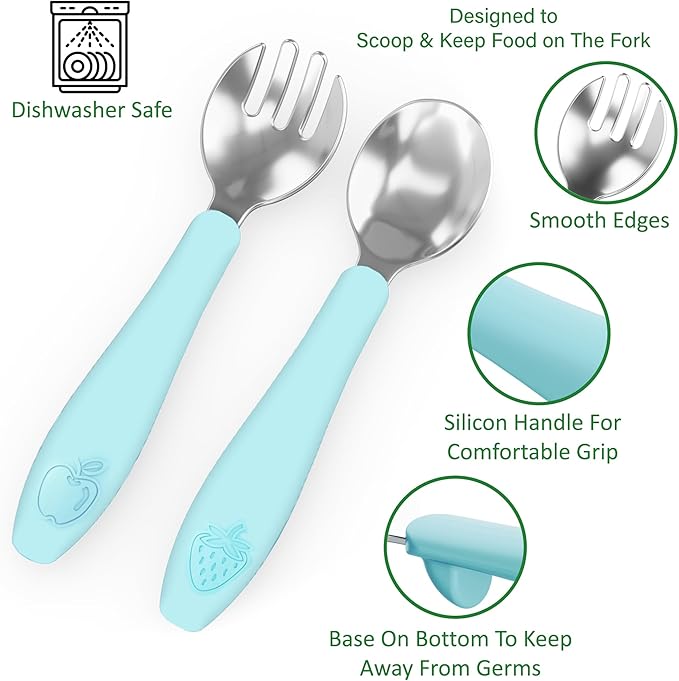 CHILLOUT LIFE Toddler Utensils, Kids Silverware with Silicone Handle, Stainless Steel Metal Toddler Forks and Spoons Safe Baby Cutlery Set for Self Feeding BPA Free Dishwasher Safe