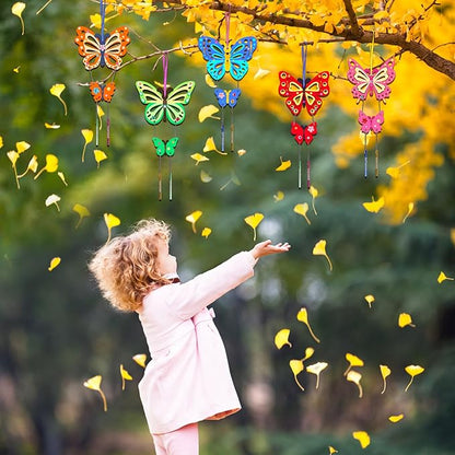 Fennoral 12 Pack Butterfly Wind Chime Kits for Kids Make Your Own Hollowed Out Butterfly Wind Chime DIY to Paint Butterfly Wooden Arts and Crafts for Kids Spring Summer Art Activity Birthday Party
