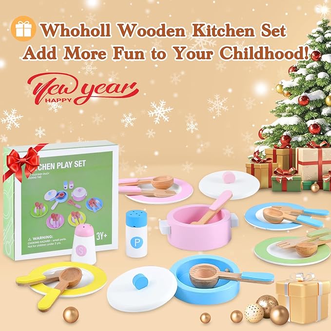 WHOHOLL Wooden Toy Kitchen & Play Dishes Set, Montessori Kitchen Toys for Girls and Boys, Pretend Play Kitchen Accessories Toddler Cooking Toys for Kids Ages 1-5 - Christmas Birthday Gift Sets