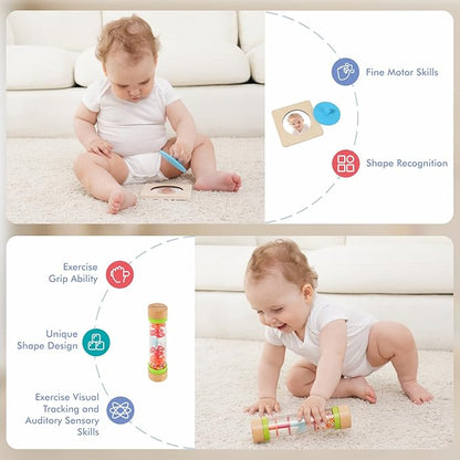 Montessori Toys for Babies 7-8 Months, Wooden Montessori Toys, Includes Object Permanence Box, Balls, Rainmaker, Peek-a-Zoo Puzzle, Texture Cards, First Signs, Play Guide, Treasures Basket