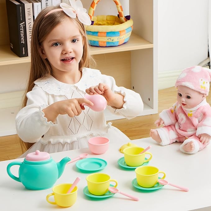 JOYIN 18PCS Pretend Play Tea Party Set Play Food Accessories BPA Free, Phthalates Free, Plastic Tea Set, Mini Kitchen for Kids, Gifts for Toddler Boys Girls Ages 3 4 5 6 Years Old