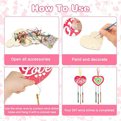 Fennoral 9 Pack Heart Wind Chime Kit for Kids Make You Own Love Wind Chimes DIY Colorful Valentine's Day Wooden Art and Craft for Kids Valentine's Day Party Decoration