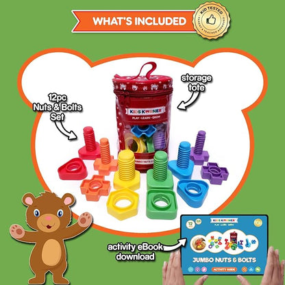 Jumbo Nuts and Bolts For Toddlers - Fine Motor Skills Rainbow Matching Game Montessori Toys For Toddlers & Toddler Games | 12 pc Occupational Therapy Educational Toys with Toy Storage + eBook