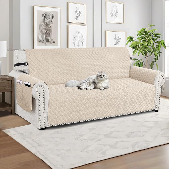 XINEAGE Quilted Sofa Cover Waterproof Couch Covers for 3 Cushion Couch, Super Soft Washable Slipcover with Pockets & Non-Slip Elastic Straps, Thick Furniture Protector (Sofa, Beige)