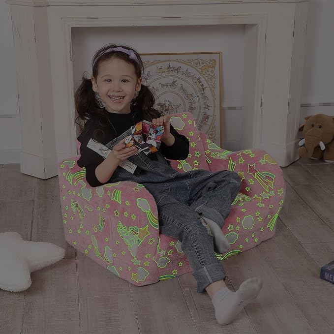 Unicorn Glow in The Dark Toddler Couch, 2-in-1 Toddler Soft Couch Fold Out with Star Pillow, Convertible Sofa to Lounger for Girls and Boys, 1-Seat