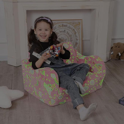 Unicorn Glow in The Dark Toddler Couch, 2-in-1 Toddler Soft Couch Fold Out with Star Pillow, Convertible Sofa to Lounger for Girls and Boys, 1-Seat