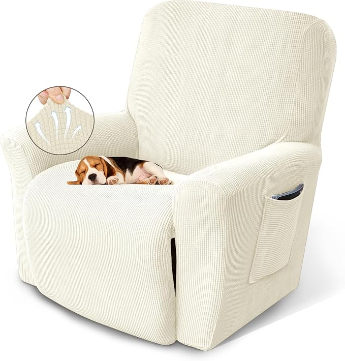 KEKUOU Recliner Chair Covers Lazy Boy Recliner Covers Stretch Couch Cover Slipcovers 1 Piece Furniture Protector with Elastic Bottom for Dog,Kids.(Recliner, Beige)