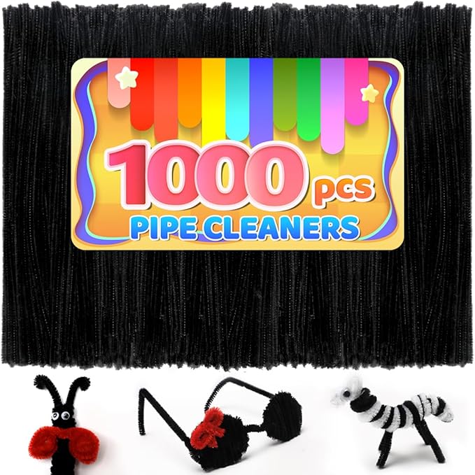 Iooleem 1000pcs Black Pipe Cleaners, Chenille Stems, Pipe Cleaners for Crafts, Pipe Cleaner Crafts, Art and Craft Supplies.