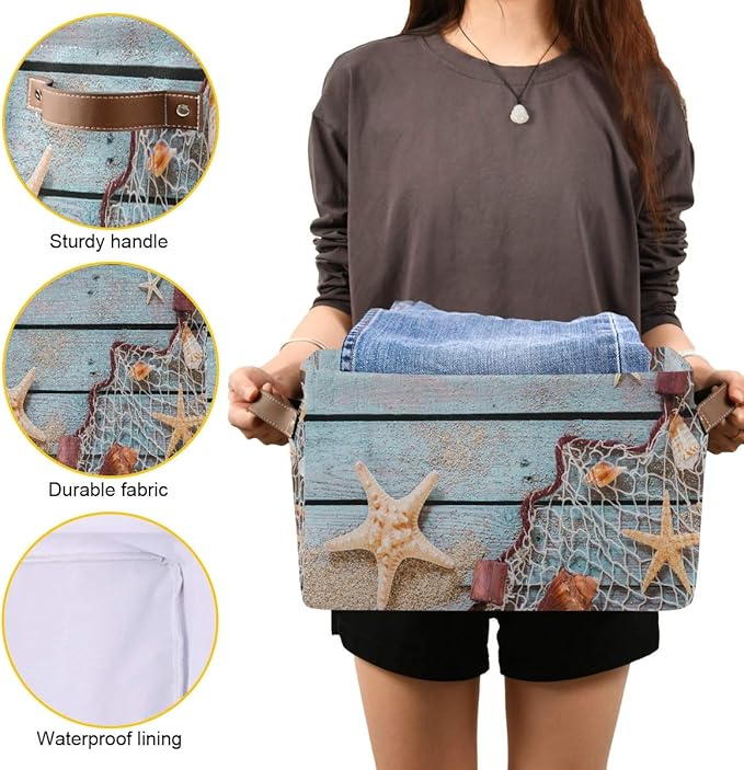 AUUXVA Summer Beach Sand Storage Basket Bin Rustic Wooden Starfish Large Fabric Toys Storage Cube Box with Handles Collapsible Closet Shelf Cloth Organizer Basket for Nursery Bedroom Bathroom