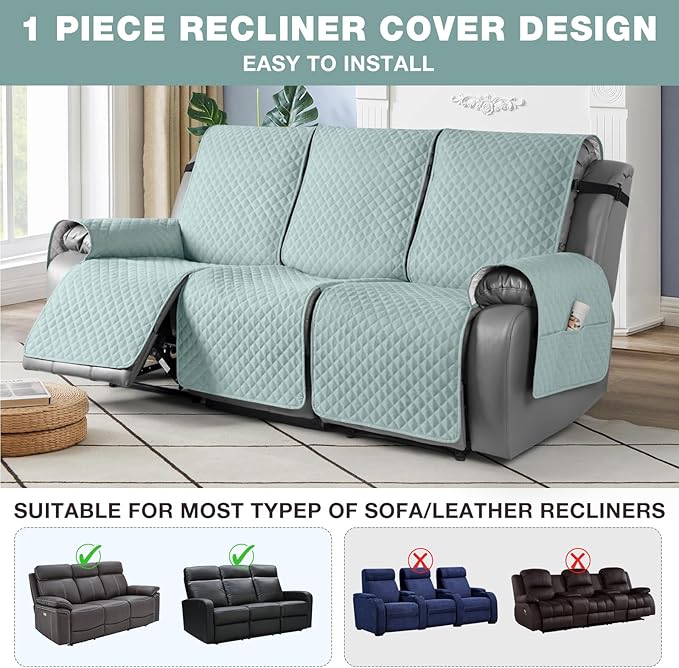 TAOCOCO Recliner Sofa Slipcover Couch Covers for 3 Cushion Couch, Pet Sofa Cover for 3 Seat Recliner Sofa, Washable Reclining Sofa Cover Furniture Protector with Elastic Straps(3 Seater, Mint)