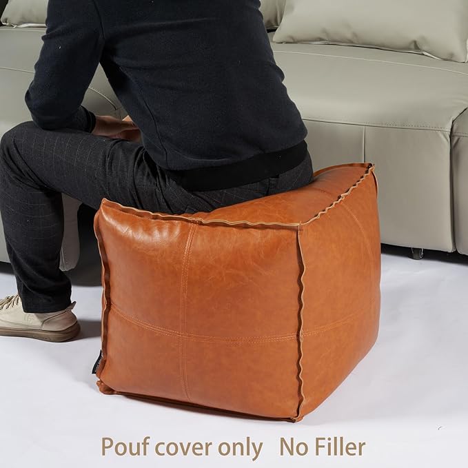 Louis Donné Moroccan Unstuffed Pouf Cover, Faux Leather Poofy Ottoman Footstool For living room Decoration Square Foot Rest for Storage Orange Floor Cushion Footrest 17.7 Inch (Only Cover) (No Filler)