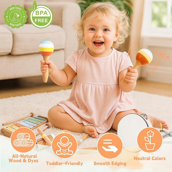 Baby Musical Instruments for Toddlers 1-3, 12PCS Montessori Musical Toy Set with Xylophone, Drum, Maracas...Perfect Toy Gift for 1-3 Year Old Boy Girl