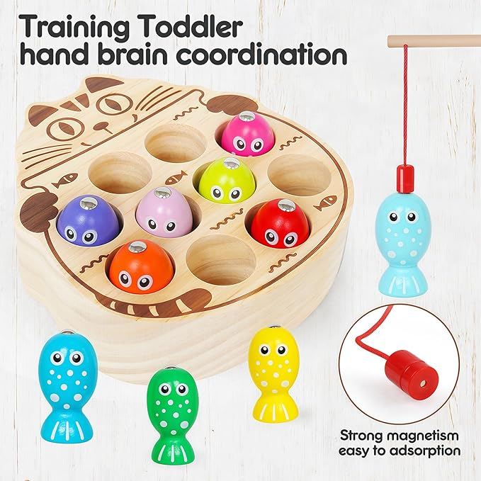 Wooden Magnetic Fishing Game for Toddlers 3+,Montessori Preschool Education Activities Learning Fine Motor Skills Color Sorting Magnet Fish Toys Easter Basket Stuffers Gift for Boys Girls