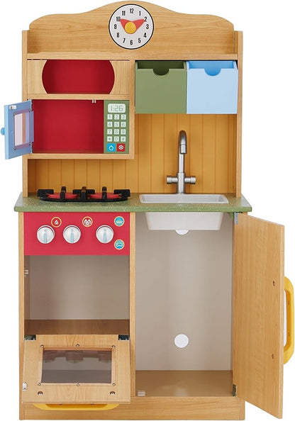 Teamson Kids Little Chef Florence Classic Interactive Wooden Play Kitchen with Accessories and Storage Space for Easy Clean Up, Wood Grain with Red and Yellow Accents