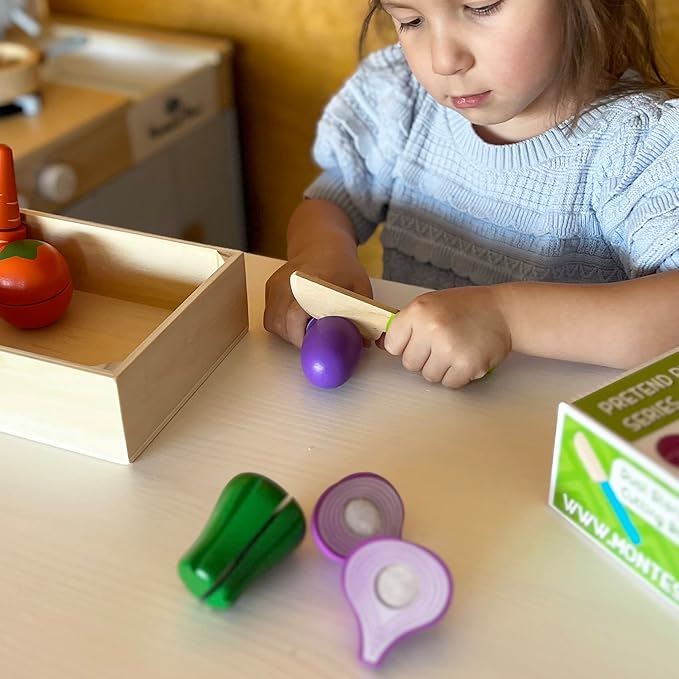 Montessori Mama Wooden Toy Food Cutting Vegetable Set - Velcro Food Toys for Toddlers - Toddler Kitchen Accessories Set with Storage-Cutting Board Box - Perfect Food Cutting Toys for Kids Gift