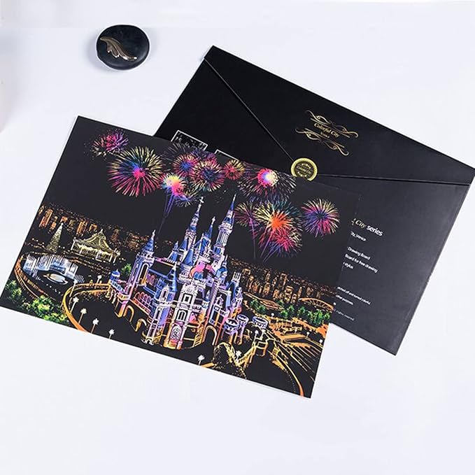 Georgie Porgy Scratch Paper Art A3 Set DIY Arts and Crafts Kits for Kids Adults, Magic Rainbow Scratch Postcard for Christmas Birthday Gift with Scratching Tools Kit (Amusement Park+ Dream Castle)