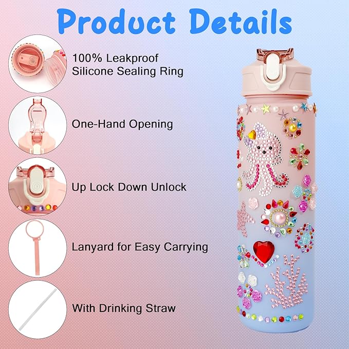 Valentines Day Gifts for Girls Decorate Your Own Water Bottle Kits for Girls 4-12 Girls Water Bottle Gem Stickers DIY Arts and Crafts Kits Supplies for Girls Birthday Easter Gifts for Girls Pink